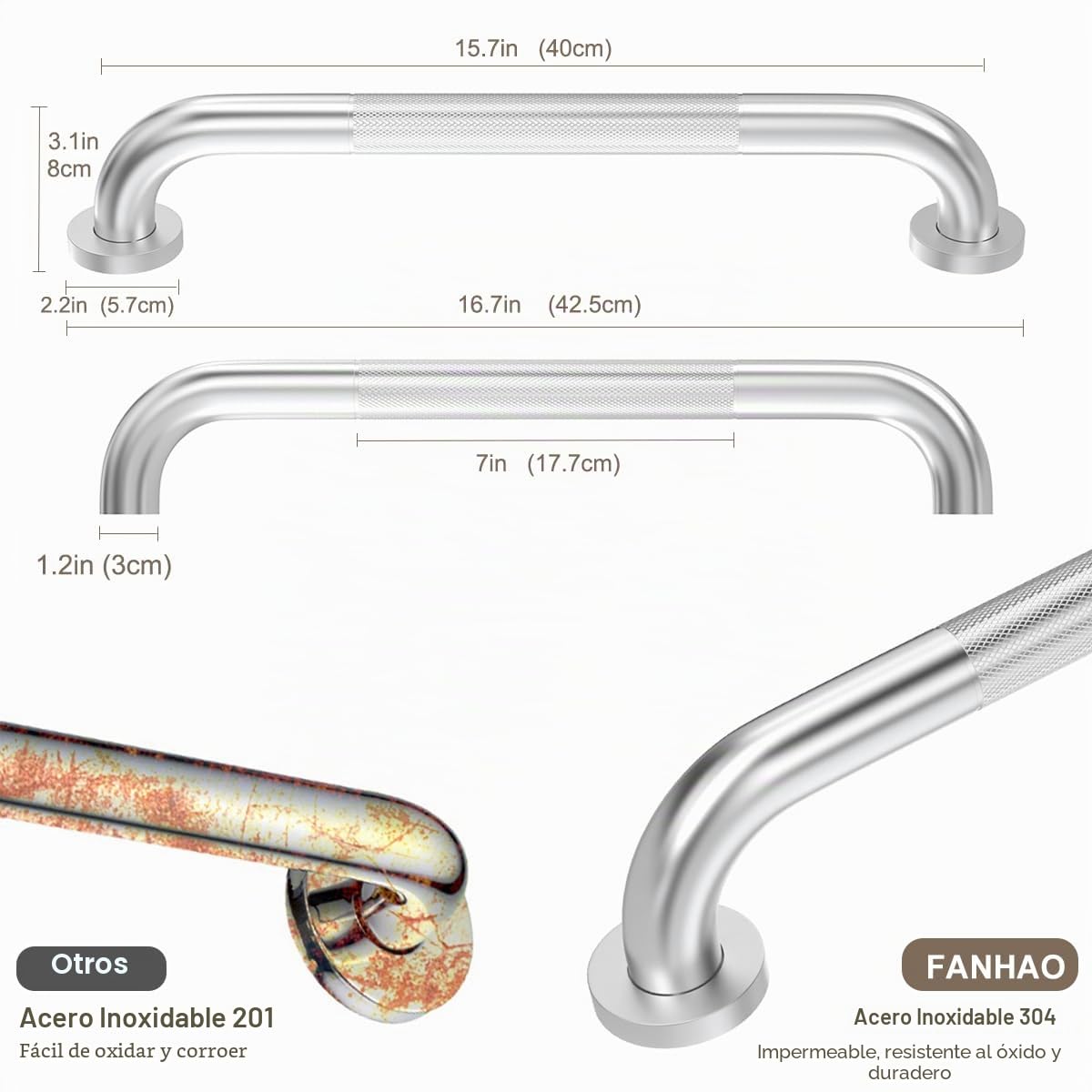 FANHAO 2 Piezas Asidero Ducha, Asidero para Ducha de Acero Inoxidable con Superficie Moleteada,Barras de seguridad para ancianos o discapacitados (Cepilladas)