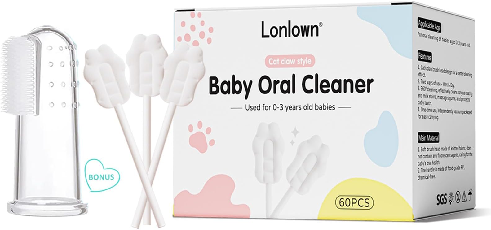 Lonlown 60PCS Baby Tongue Cleaner Gauze Infant Oral Cleaner Newborn Mouth Cleaning Stick Toddler Toothbrush for Mouth Gum Clean Stick Dental Care for 0-36 Month Baby+1 Finger Brush