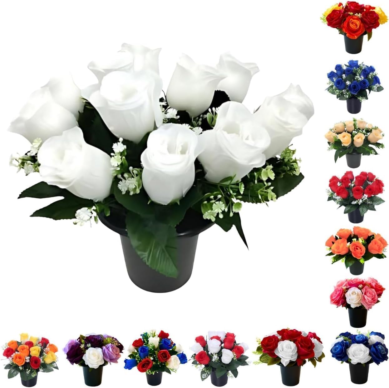 Pack of 1 Artificial Flowers for Graves in Pots 25cm | 12-Head White Grave Flower Pots for Christmas | Premium Memorial Flowers for Cemeteries, Funerals & Elegant Lasting Tributes | All-Season Display โ image 1