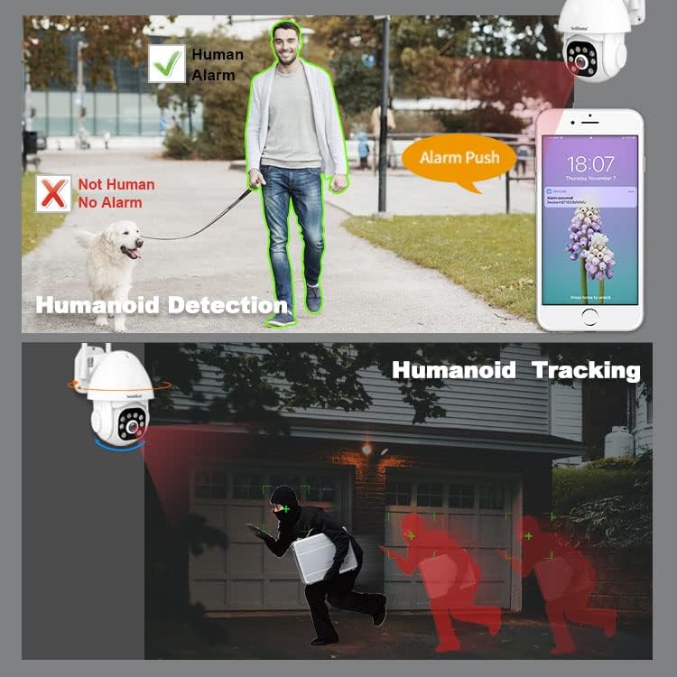 Illustration of Humanoid Detection and Tracking features, showing the camera distinguishing a human from a dog and tracking a person.