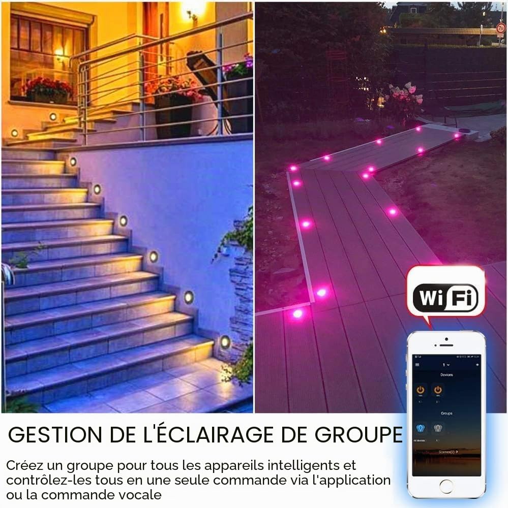 Lot de 6 Wifi Multicolore RGBWW(4 en 1) 0.6W Ø31mm Spot Encastrable Exterieur Dimmable Fonctionne Avec Alexa, Google Home,Spots LED Encastrable DC12V Etanche IP67