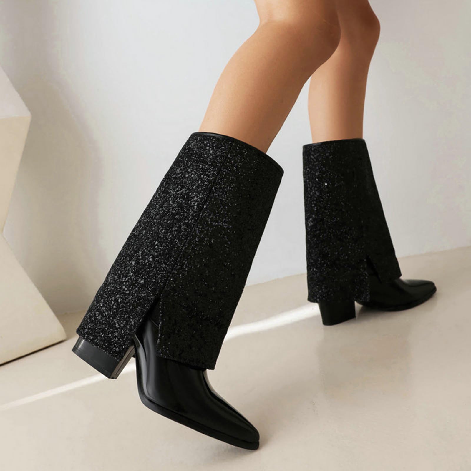 8CM Paillettes Pliant Genou-Haute Bottes Épais Talons Hauts Bottes Manches Pointus Robe Bottes Hautes pour Femmes