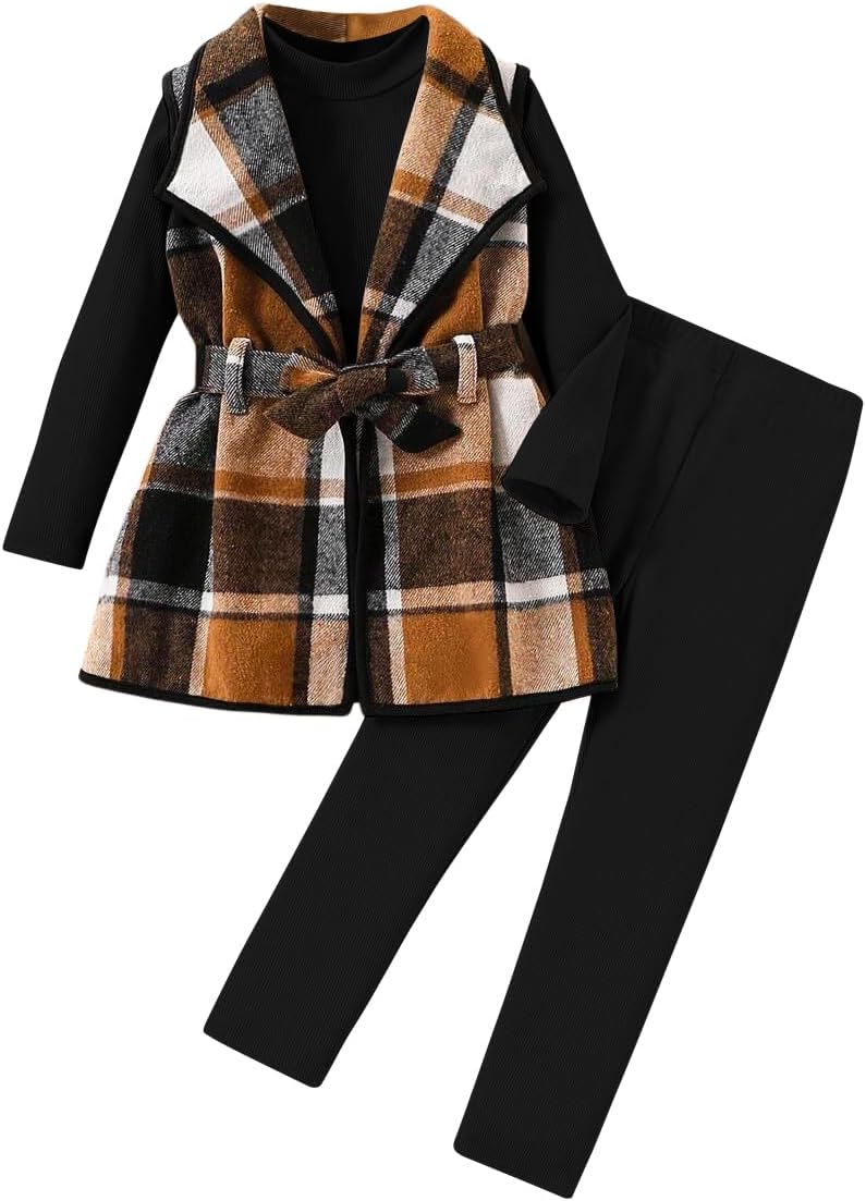 Kid Girls Clothes 3 Piece Outfits Plaid Flannel Belted Vest & Long Sleeve Top and Pants- Fall Clothing Sets