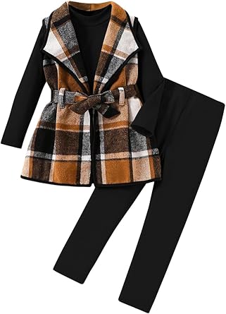Kid Girls Clothes 3 Piece Outfits Plaid Flannel Belted Vest & Long Sleeve Top and Pants- Fall Clothing Sets