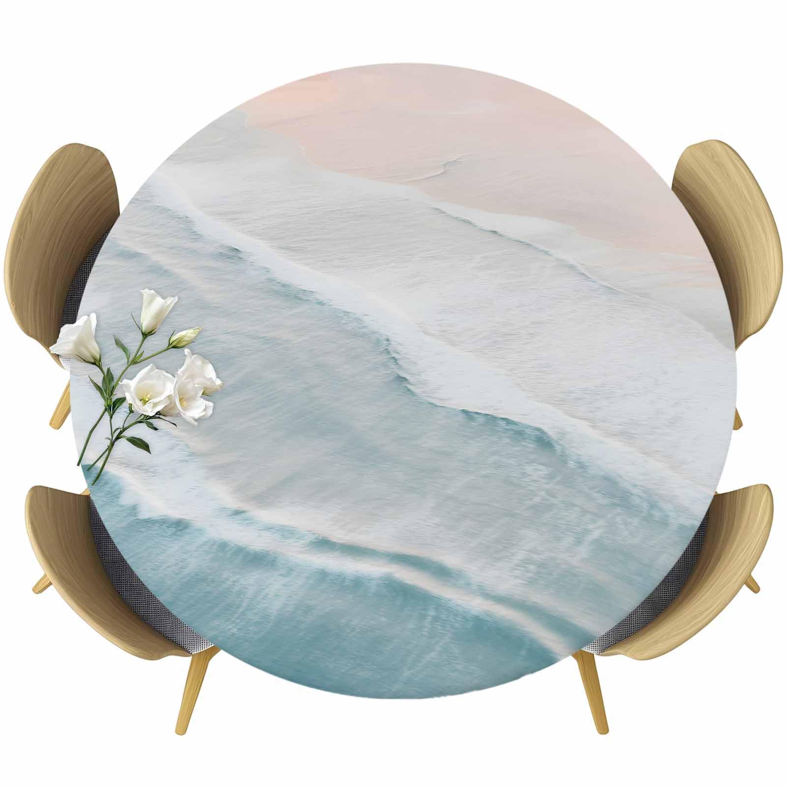 Chees D Zone Coastal Tablecloth Round Fitted,Beach Table Cover Waterproof Reusable Ocean Table Cloth with Elastic Edge for Kitchen Dining Party Sea