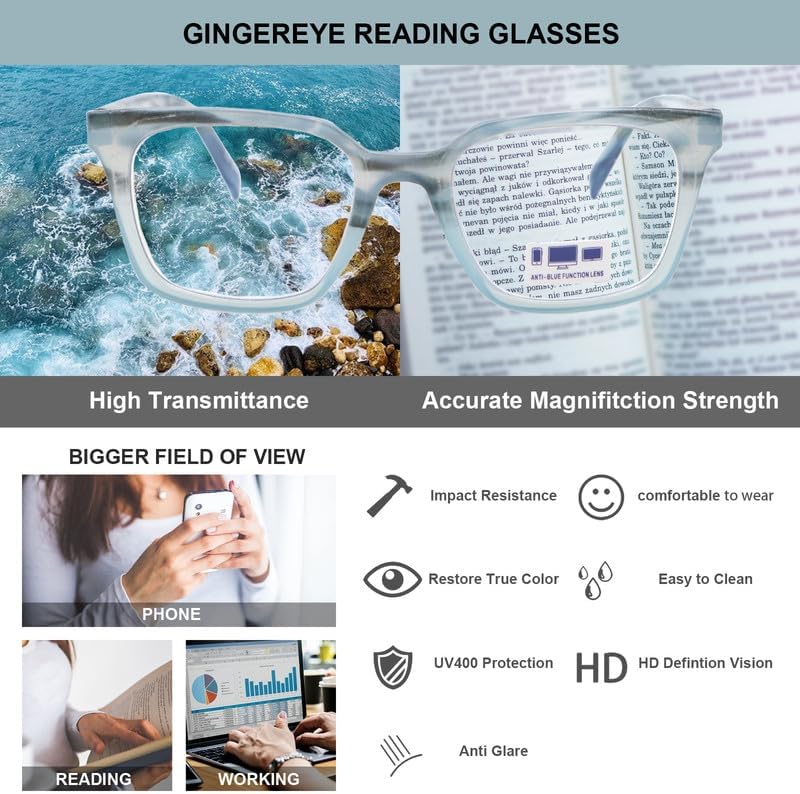 Miniatura 3 de Paquete de 2 lentes de lectura con luz azul para hombres y mujeres, lectores de marco cuadrado de moda, lentes de computadora antirreflejos +3.0