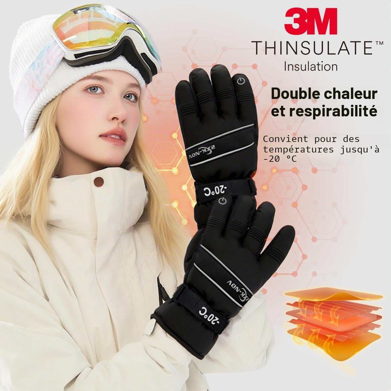 Gants de Ski Homme Femme - Gant Snowboard Homme Imperméables et Tactile, Gants 3m Thinsulate Hiver Noir, Men's Ski Gloves, for Cold Weather (Mesurez Tour de Paume Avant de Commander)