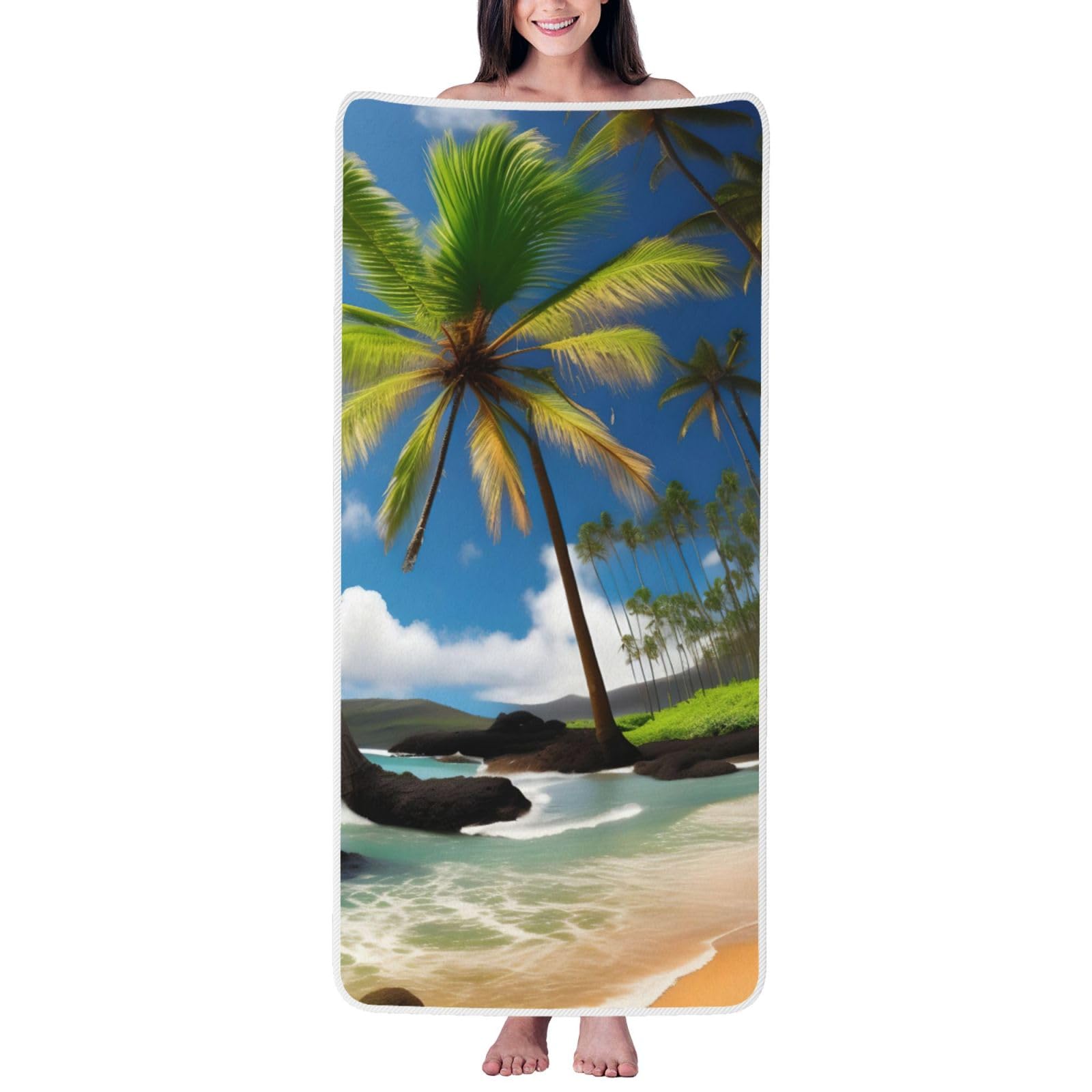 Nimongt Unisex White Tropical Palm Tree Hawaii Beach Print Lightweight Comfort Coral Velvet Bath Towel Home Bathroom Hotel Spa Beach Travel