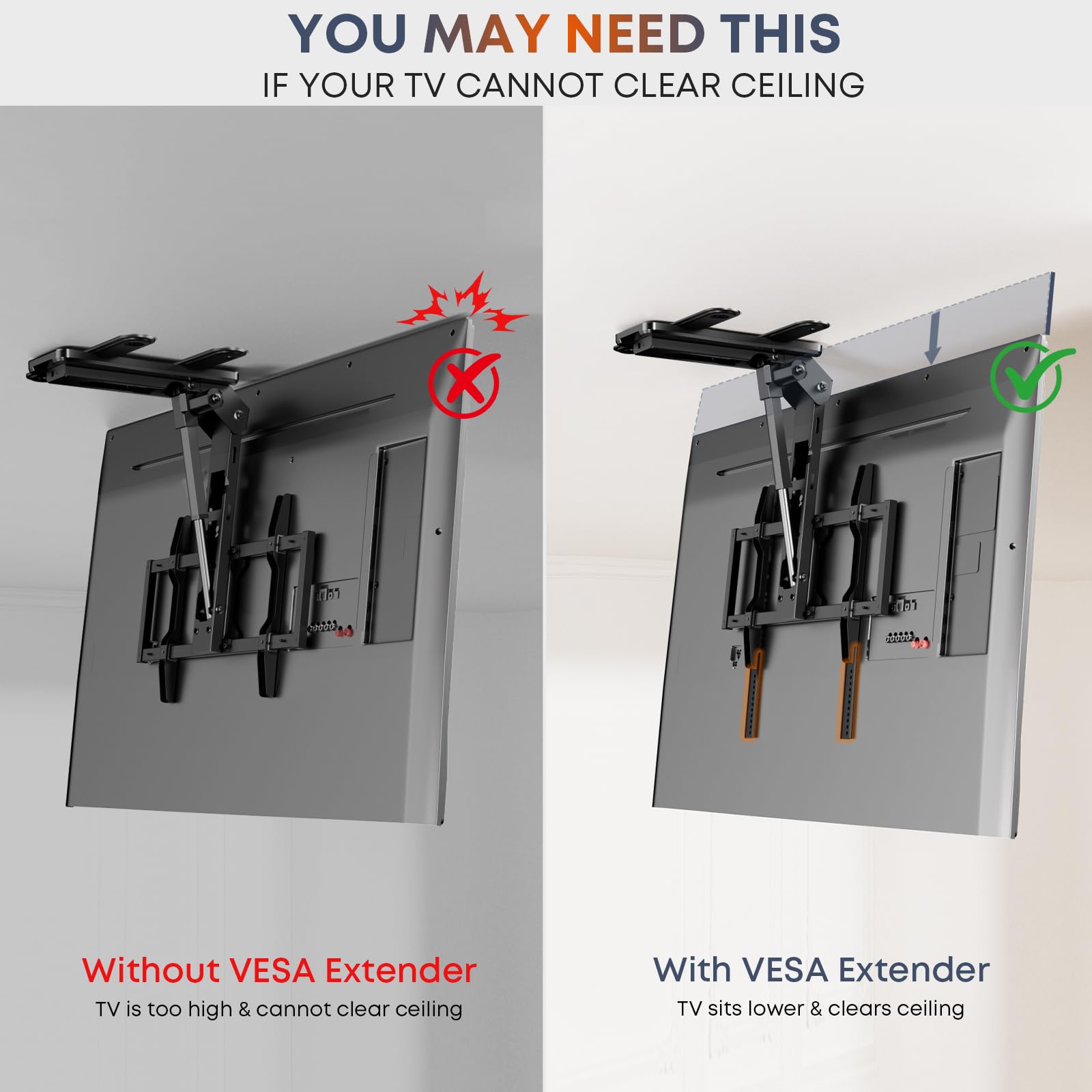 Plaque d’extension VESA verticale pour téléviseurs avec position VESA basse, compatible avec supports TV de plafond motorisés et supports muraux à bras vertical, 1 paire, Noir