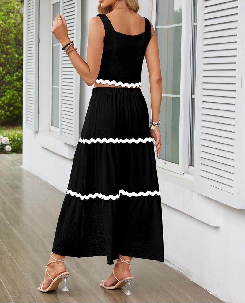 Summer Outfits for Women Skirt Sets 2 Piece Set Square Neck Beach Vacation Tank Tops High Waisted Flowy Long Skirt4