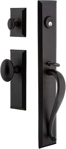 Ageless Iron 657761 Juego de manijas de una pieza con agarre con placa de retención y perilla Aeg Juego de entrada, cerradura de un solo cilindro -