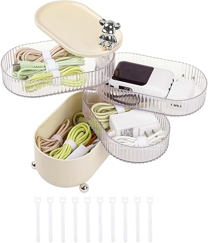 FABROK Organizador de cables giratorio con 10 bridas para cables, organizador de cables de plástico con 4 capas, funda de accesorios electrónicos