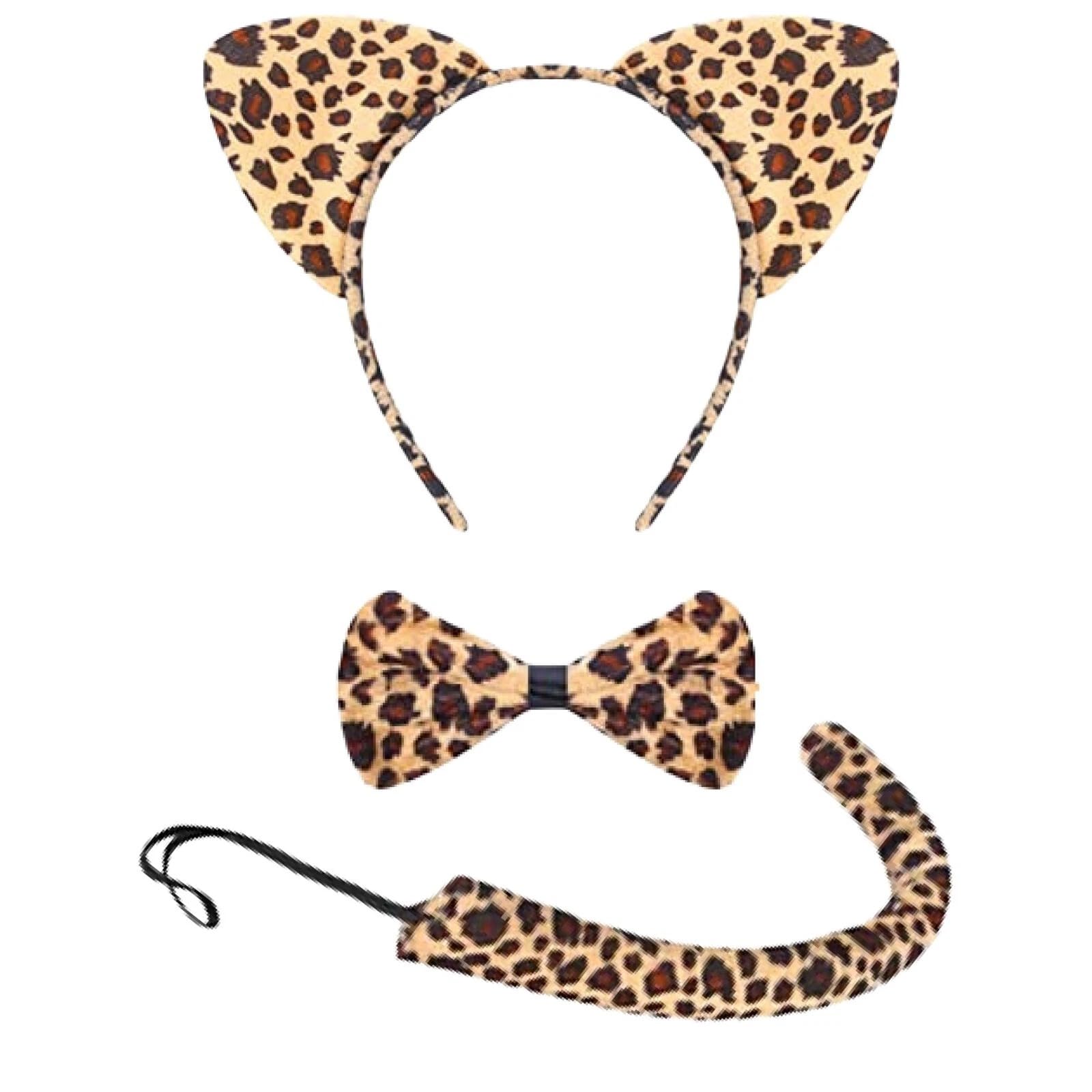 Lizzy Leopard Fancy Dress Accessories Set, Leopard Print Ears Headband with Spotted Bow Tie and Tail, Wild Animal Costume Accessories for Halloween Parties and Cosplay