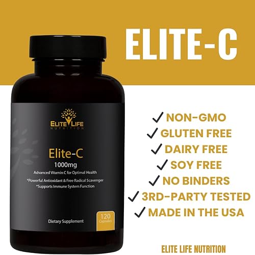 Miniatura 5 de Elite-C – 1000 mg de vitamina C pura, no ácida, tamponada, de alta absorción, de origen estadounidense y fabricada – Semilla de uva, rosa mosqueta,