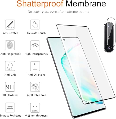 Miniatura 5 de Protector de pantalla de vidrio templado para Samsung Galaxy Note 10 Plus con protector de lente de cámara curvado 3D Desbloqueo de huellas