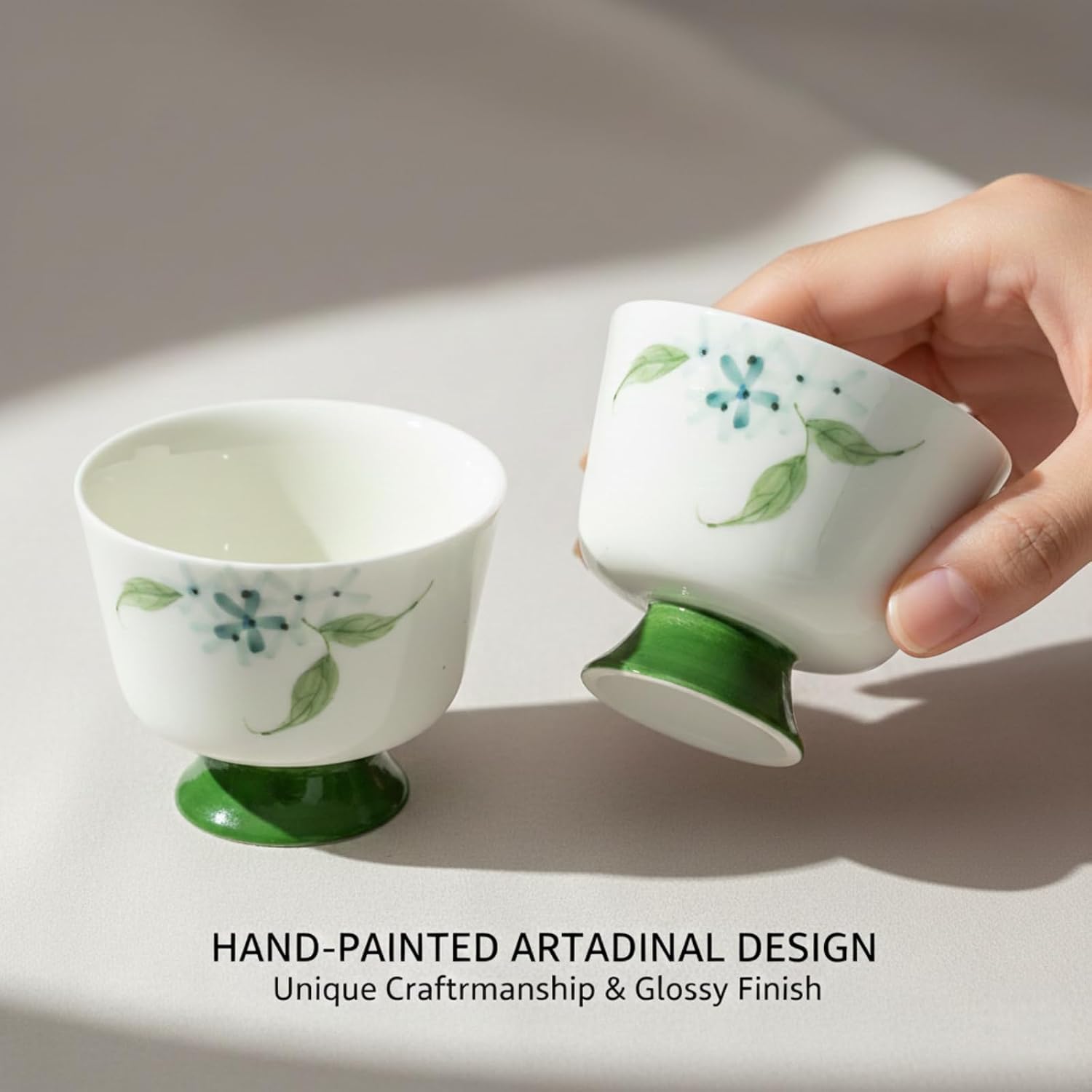 2 Pack Chinese Tea Cups - Small Sake Cups With Hand Painted Hydrangea, Gongfu Ceramic Teacup No Handle - 1.35 oz Traditional Tea Ceremony Accessories