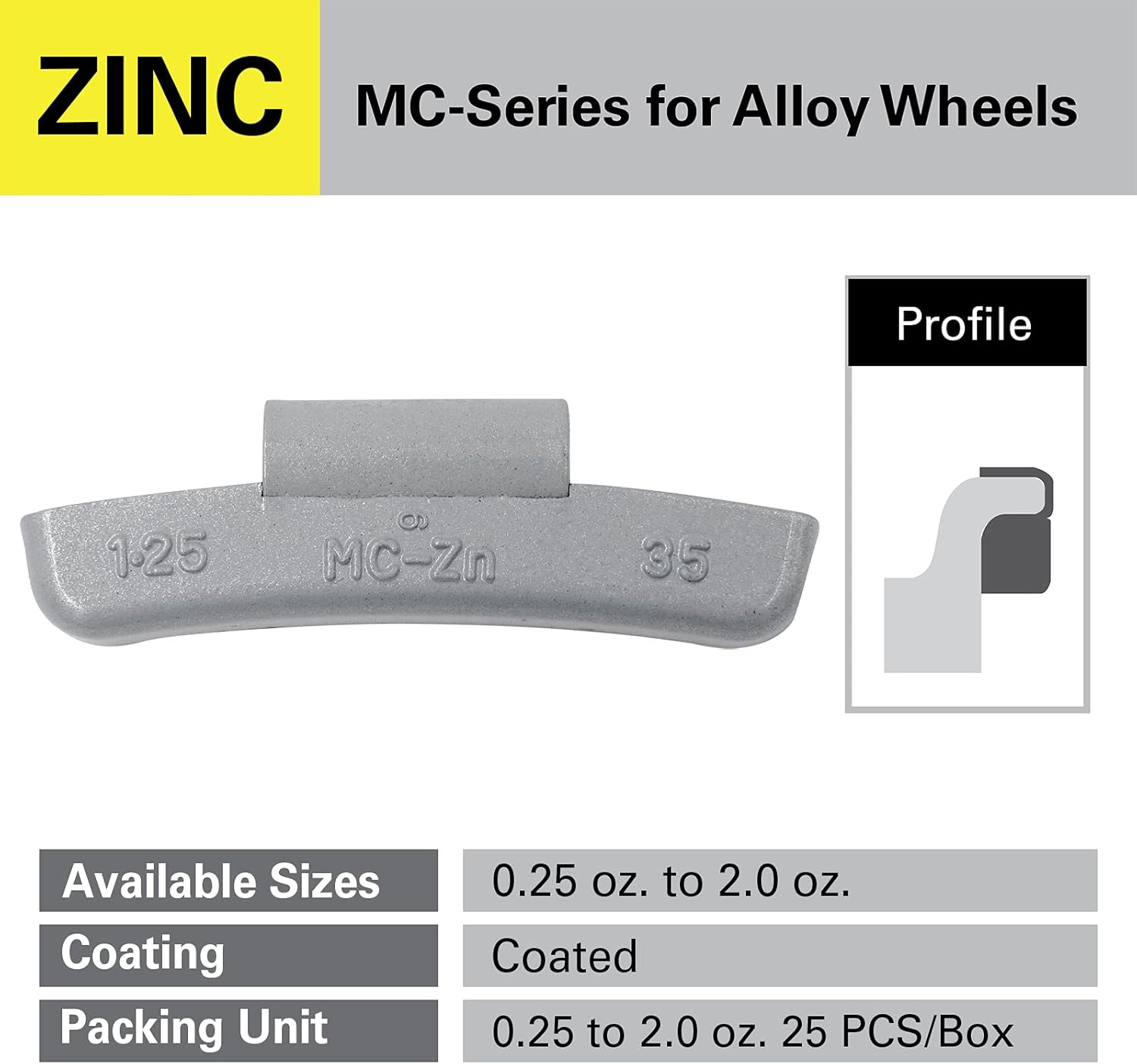 CKAuto MC Style Zinc Coated 0.25oz, 0.5oz, 0.75oz, 1.0oz Clip on Wheel Weights Assortments, 25Pcs/Style, Total 100Pcs/Box