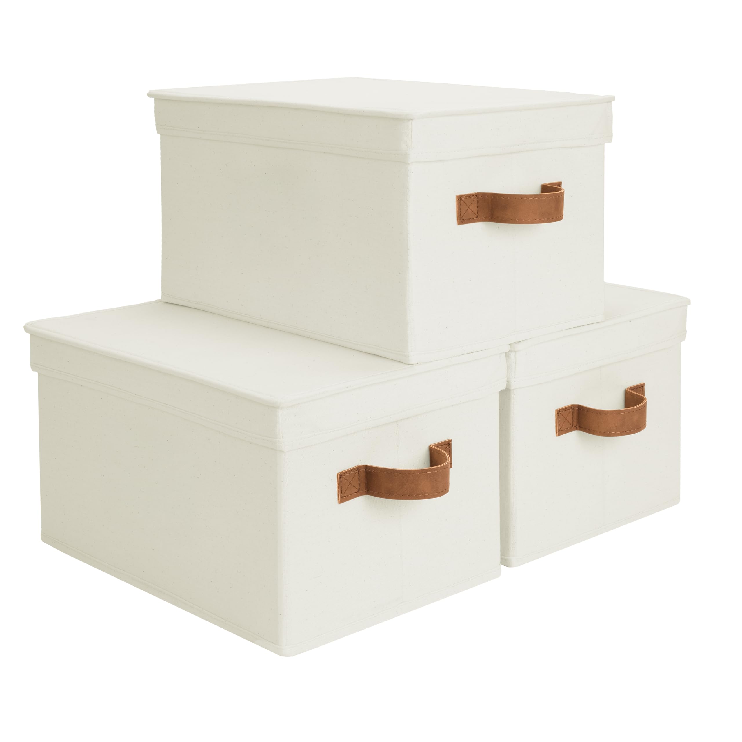 storageworks large storage bins with lids, decorative storage boxes with lid and pu handles, foldable storage baskets for closet, shelves, stackable, ivory, 3-pack