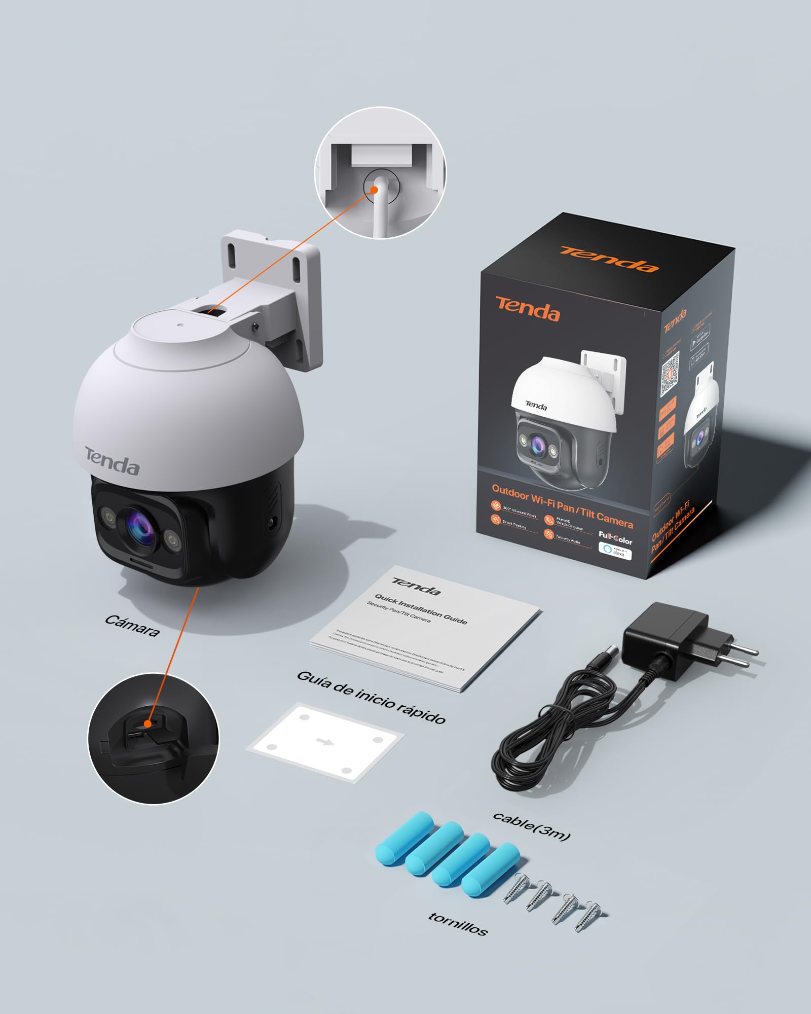Tenda kamera bezpieczeństwa Outdoor WiFi, kamera 2K WiFi z kolorową wizją nocną, dwukierunkowym dźwiękiem, wykrywaniem ruchu i osób, alarmem dźwiękowym i świetlnym, kompatybilna z Alexą, CH3 V2.0
