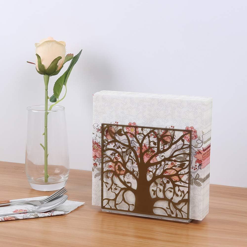Natural Style Clear Acrylic Tree Bird Design Tabletop Napkin Holder Gold Pattern Freestanding Tissue Dispenser Towel Tissue Holder