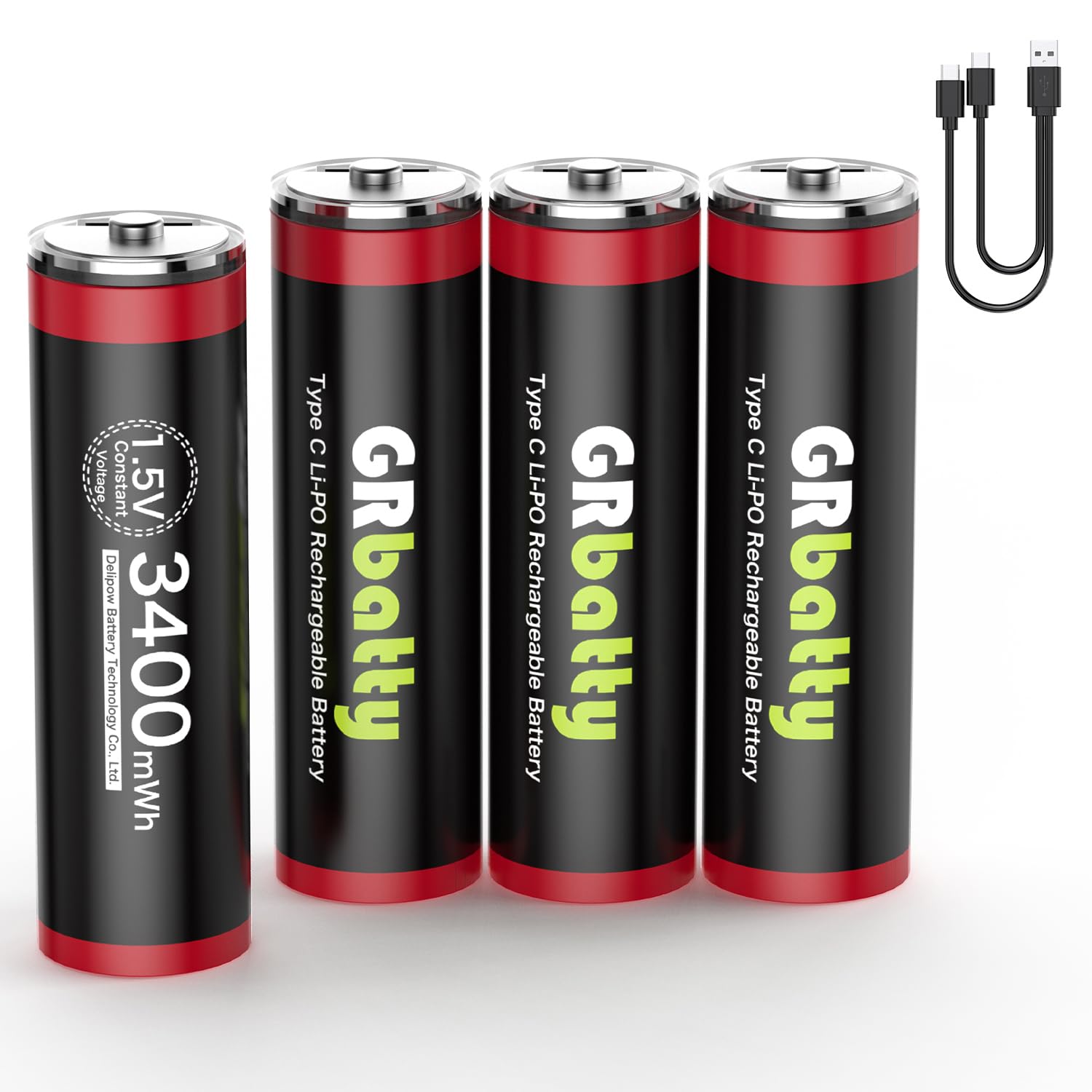 USB Rechargeable AA Batteries 4 Pack, USB C Rechargeable Double A Lithium Batteries, 3400mWh 1.5V with 2-in-1 Charging Cable, 1 Hour Fast Charging