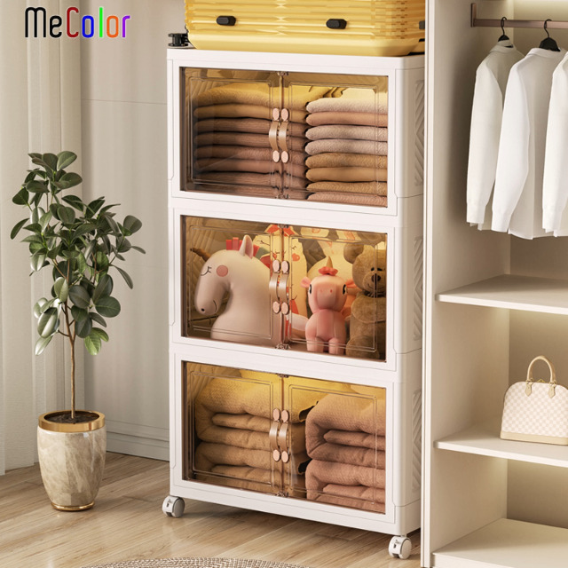 MECOLOR Armadi Portaoggetti In Plastica Con Ruote, 4 Da 63L – Impilabili E Pieghevoli Con Ante Trasparenti Magnetiche - 5
