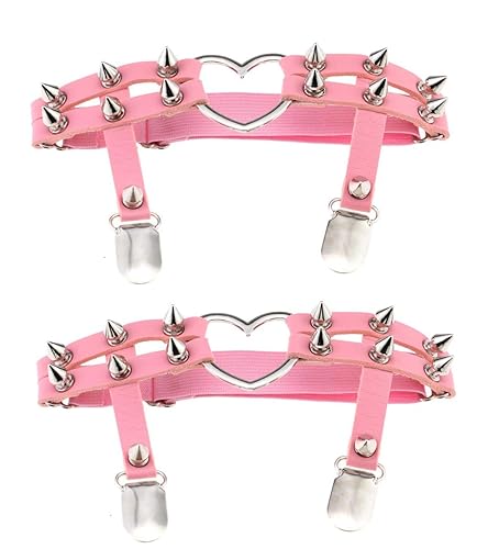 Women Sexy Leather Heart Garters Punk Rock Rivet Stud Leg Ring 2pcs - One Size - Pink