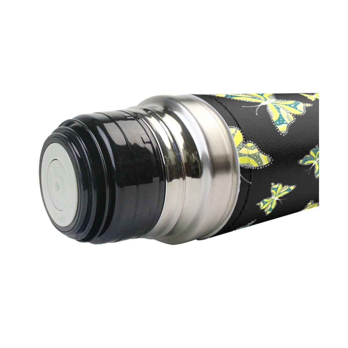 Taza de viaje aislada al vacío de acero inoxidable con doble pared a prueba de fugas, botella de color con impresión de mariposa, personalizable impresa en piel auténtica, termo de 500 ml