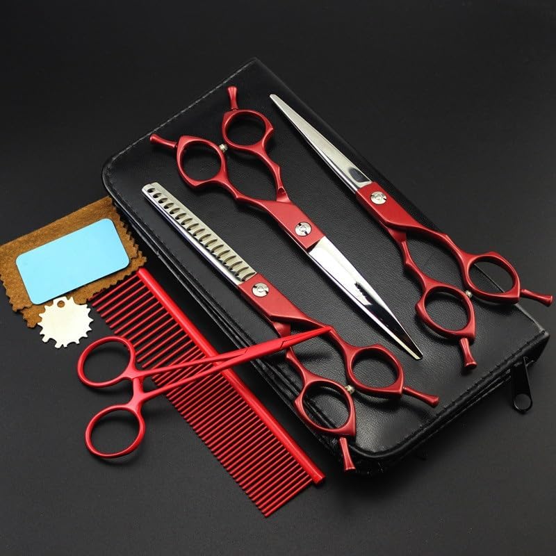 Dog Grooming Scissors Shears, 5 PCS Japan Steel 6.5 Inch Red Pet Dog Grooming Hair Scissors Cutting Shears Pet Thinning Barber Hairdressing Scissors