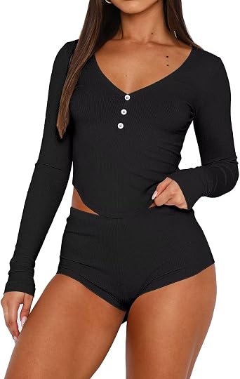 LEEDYA Womens 2 Piece Pajama Sets Long Sleeve V Neck PJ Shorts Sexy Y2k Button Crop Top Nightwear Lounge Set Sleepwear