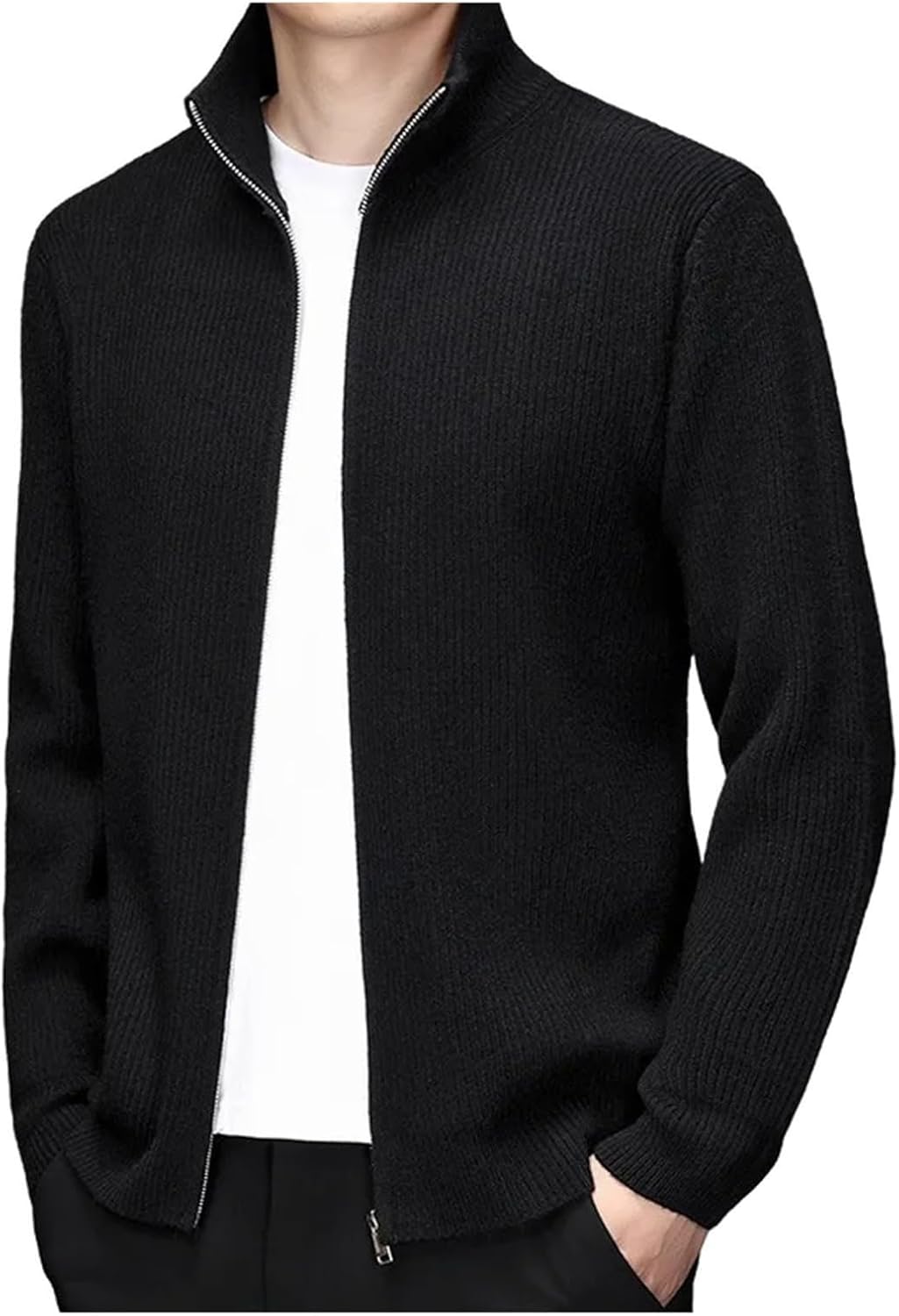Men Spring Vintage Sweater Cardigan Solid Color High Collar Zipper Fly Knit Cardigan