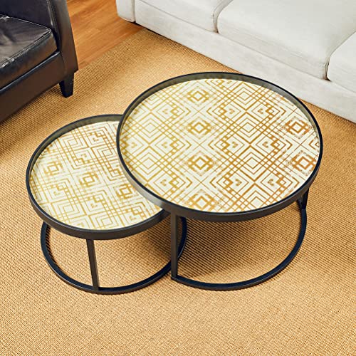 Glitzhome Modern Round Nesting Coffee Table, Nesting Tables Sofa Side Tables End Tables For Bed Room Accent Table With Plaid Pattern Tray Top For Living Room, Set Of 2 #TOP2