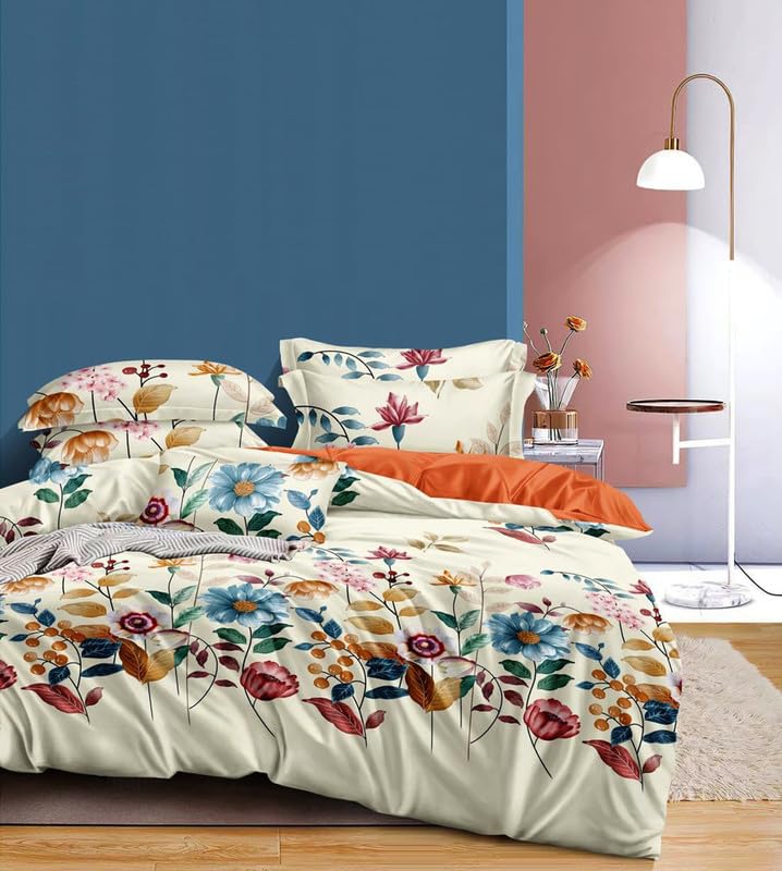 Image of Polycotton Polyester Polyfill 120 GSM Reversible Double Bed Comforter, Blanket, Queen (90x100 inch) Multi & Cream