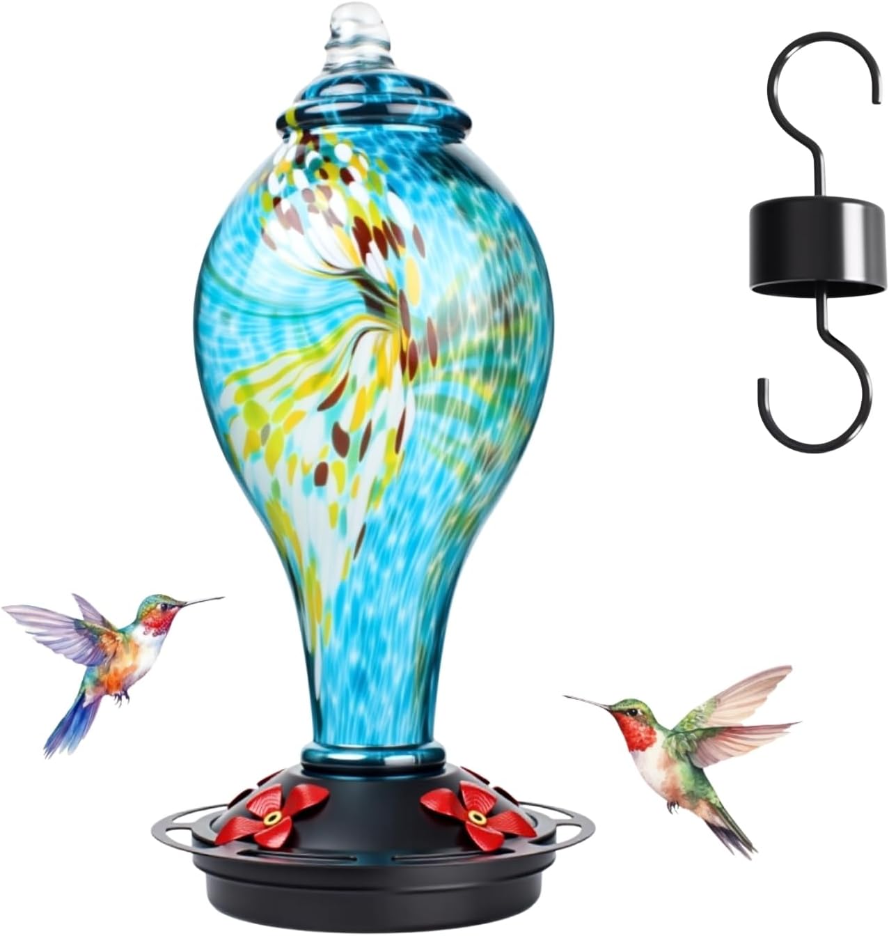 Clock Shaped Hummingbird Feeder for Outdoors, Hand Blown Glass Hummingbird Feeders for Outdoors Hanging with 4 Feeding Ports, Leak-Proof Bird Feeder- Garden Decor Gifts for Women(Blue)