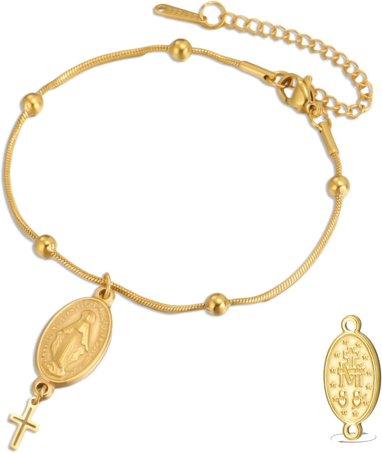 Wuufake Dispositivo portátil: pulsera doble cara con medalla de la Virgen de Guadalupe para hombre, cordón trenzado artesanal, joyería católica cristiana religiosa arte, gold 10