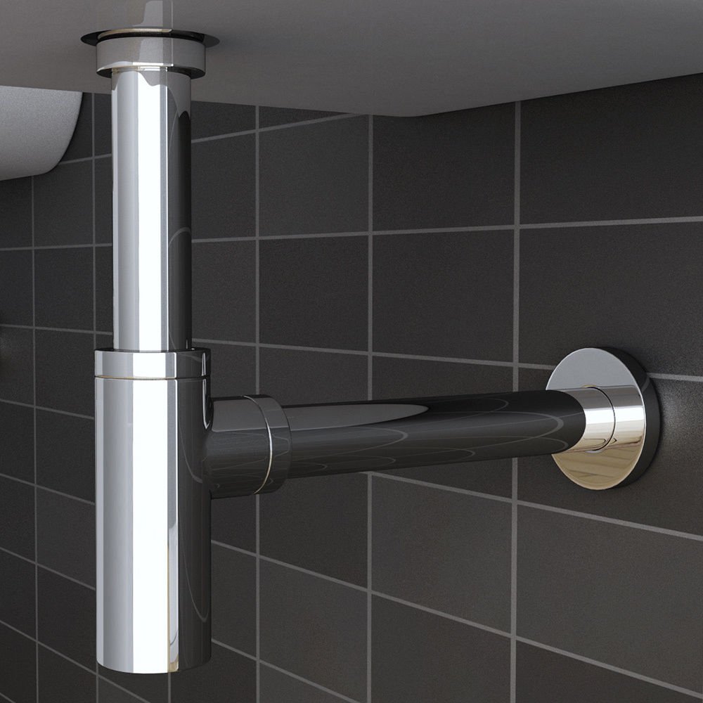 MAI & MAI Sifón Redondo para Lavabo, Latón Cromado, Forma en L, con Tapón Antiolor, Montaje en Pared, Resistente a la Corrosión – S05