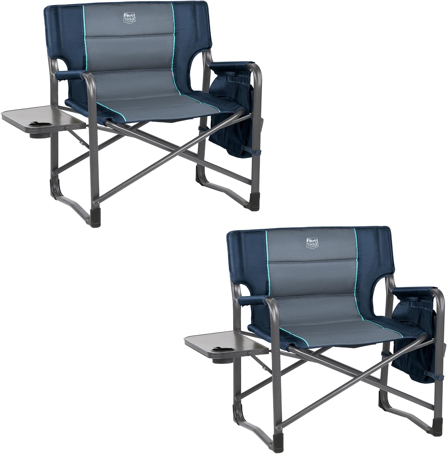 Timber Ridge XXL Upgraded Oversized Directors Chairs with Foldable Side Table, Detachable Side Pocket, Heavy Duty Folding Camping Chair up to 600 Lbs Weight Capacity (Blue) Ideal Gift, 2 Pack