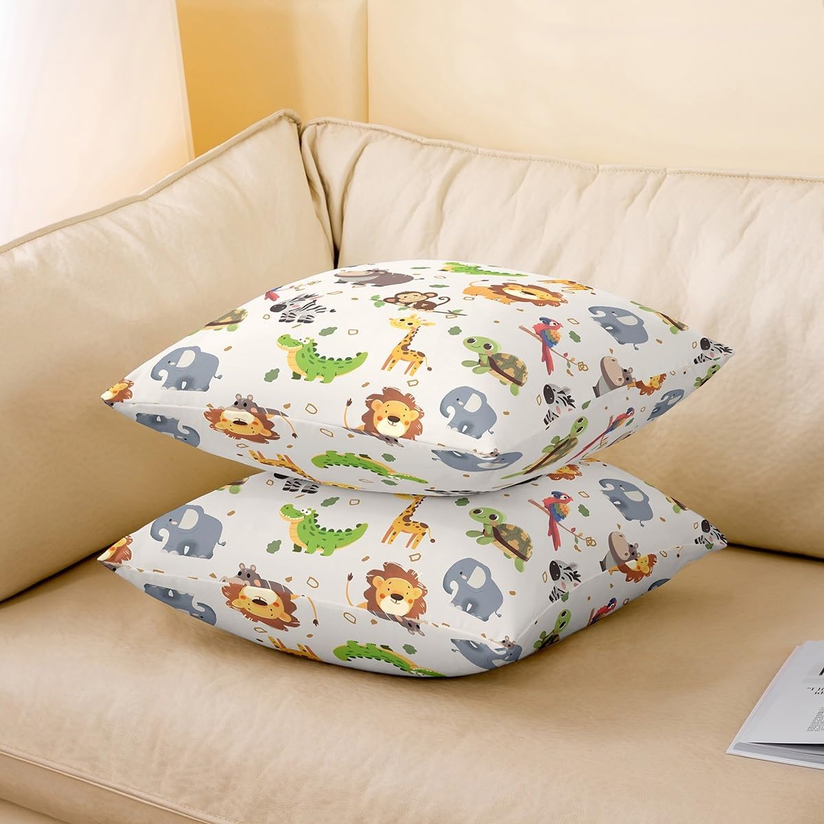 Cartoon Animal Throw Pillow Cover 24"x24" Monkey Lion Giraffe Pillow Cases Funny Zoo Theme Cushion Cover Cute Zebra Crocodile Pillow Cover for Couch Sofa Bed,Single Pack
