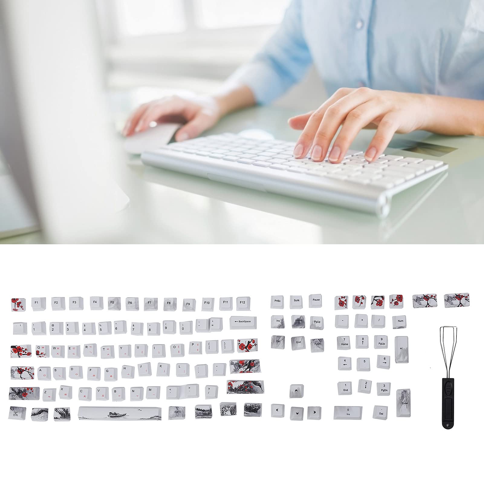 ciciglow PBT Keycaps, 110er Pack Custom Keycaps für Mechanische Tastatur für 60/61/64/87/104/108 Tastatur mit Keycap Puller.(Englisch-Koreanisch)