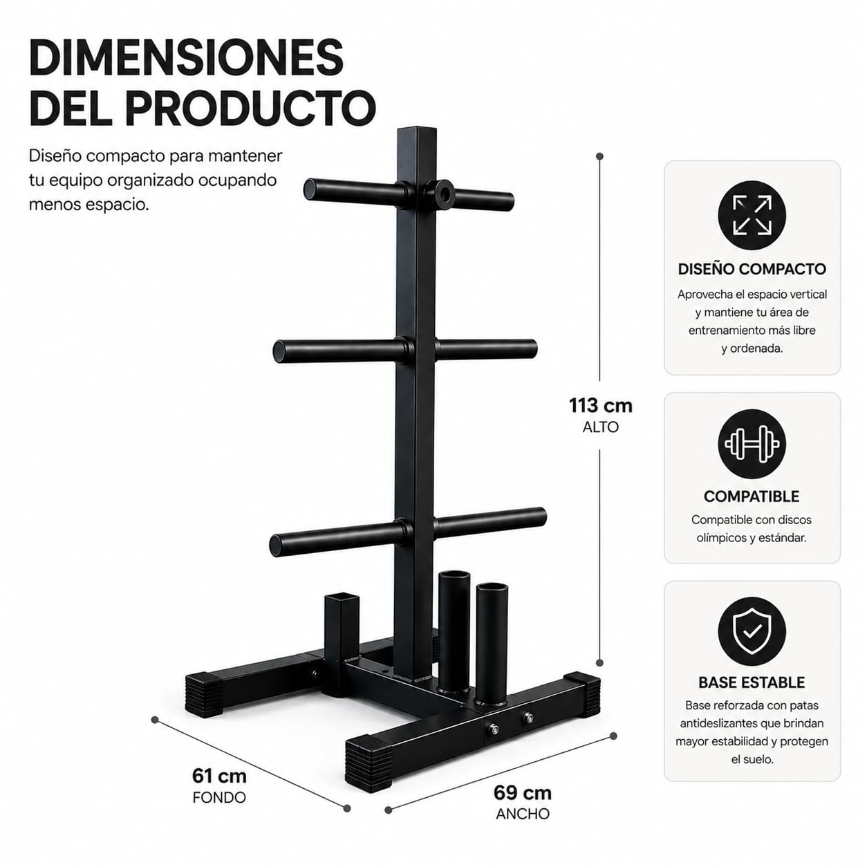Rack para discos y barras ajustable 400 kg – Soporte para gimnasio en casa con 6 soportes para discos y 2 para barras olímpicas, acero reforzado, 113 × 69 × 61 cm