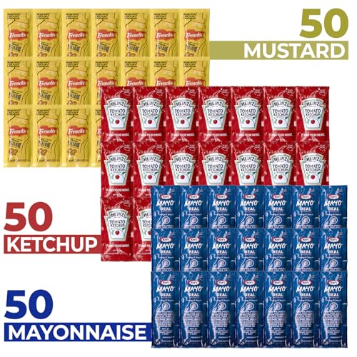 Image of Grab-n-Go Condiment Packs - (450 Pack) 50 Single Serve Pouches of Ketchup, Mustard, & Mayo - Dispenser Box, Great for Picnics, Boxed Lunch, BBQ, Travel, and Parties
