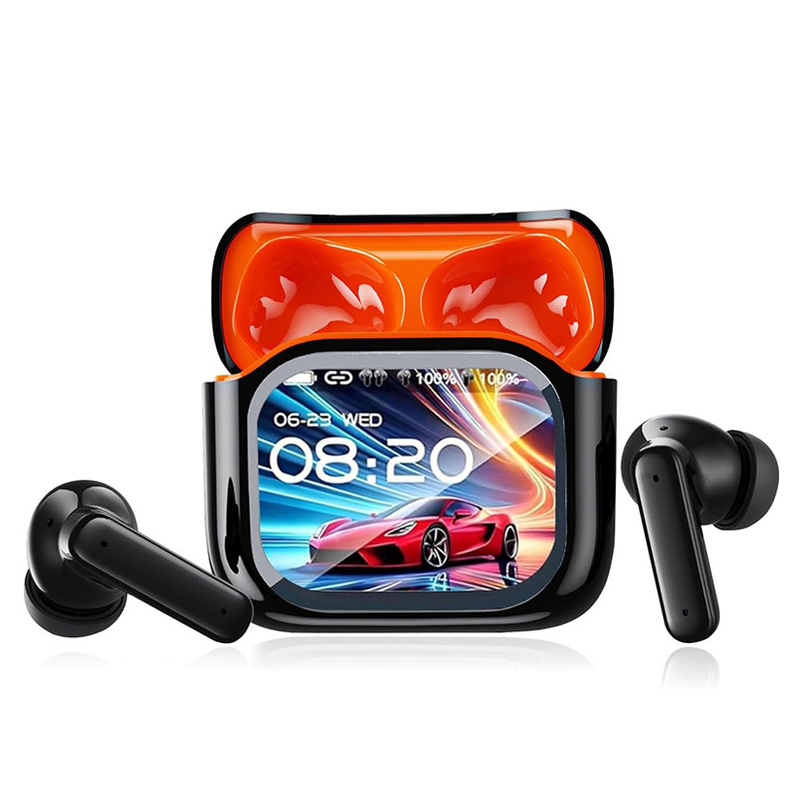 Auriculares inalámbricos con Pantalla y Puerto de Carga USB Tipo C para Disfrutar en Parques de Atracciones. Auriculares intrauditivos inalámbricos, Negro Naranja
