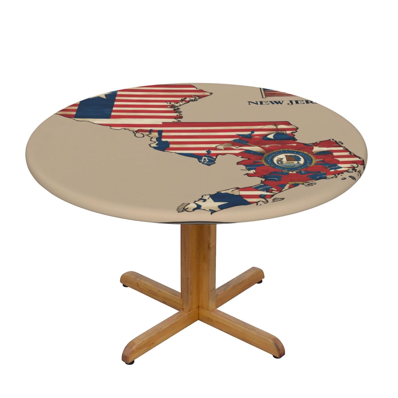 DUWAA New Jersey Flag Map01 Print Oxford Fitted Table Cover For Patio Picnic, Waterproof Round Tablecloth For Home And Outdoor