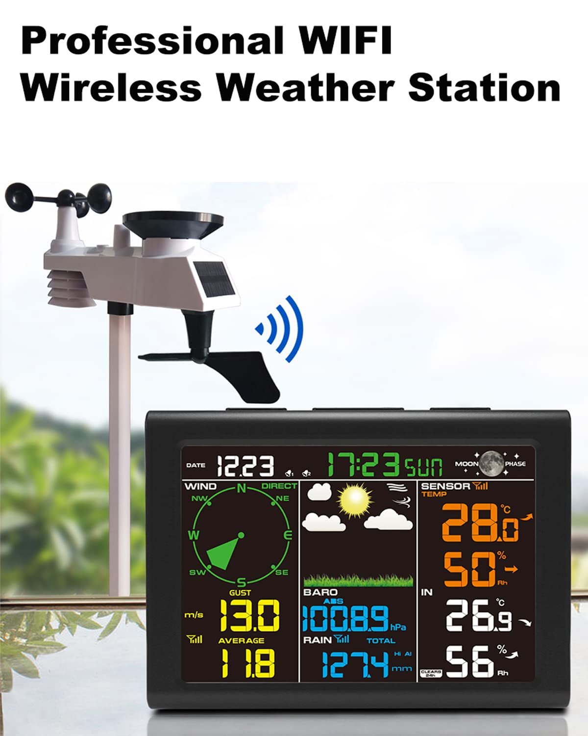 Stacja pogodowa, stacja pogodowa 8 w 1 z prognozą pogody, temperaturą, ciśnieniem powietrza, wilgotnością, wiatromierzem, deszczomierzem, fazą księżyca, budzikiem, do gospodarstwa ogrodowego