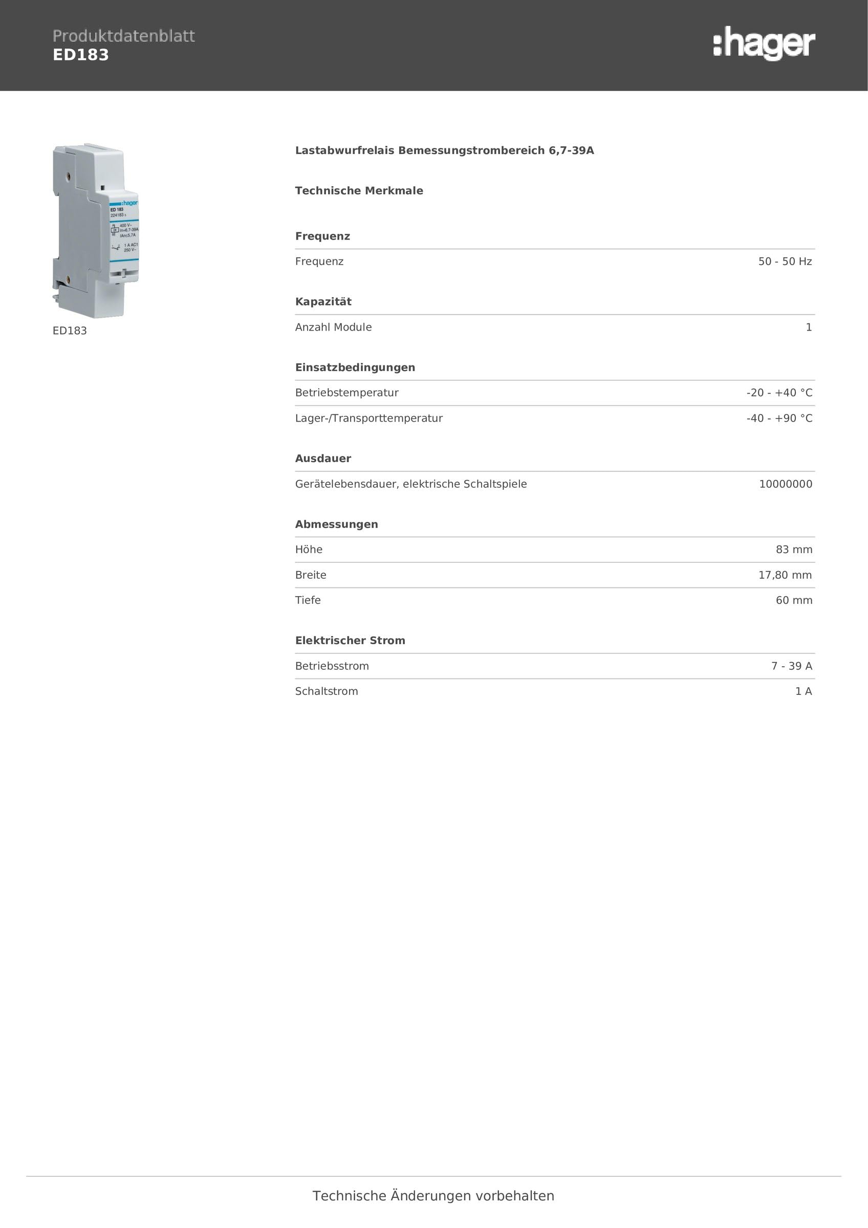 Hager ED183 - Rele intensidad 230v 50hz 1 contacto abierto