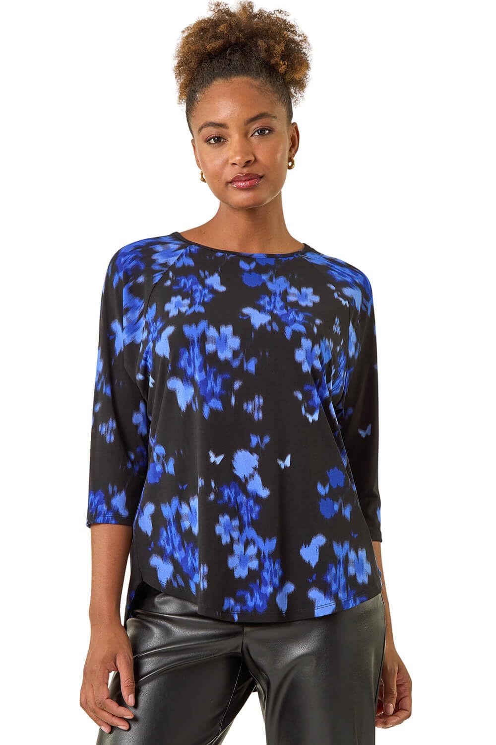 Roman Women's Floral Print Round Hem Top in Royal | Size: 12