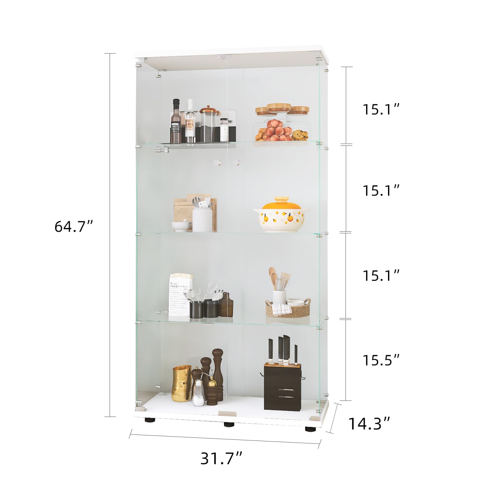 Vitrina de cristal, con 4 estantes de cristal, vitrina para colección con 2 puertas y cerradura para dormitorio, salón (blanco, puerta doble, 36 x 80 x 164 cm)