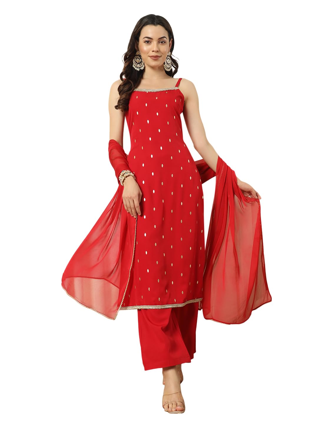 fiorra Women's Red Crepe Kurta and Palazzo Set with Matching Dupatta-picture-36