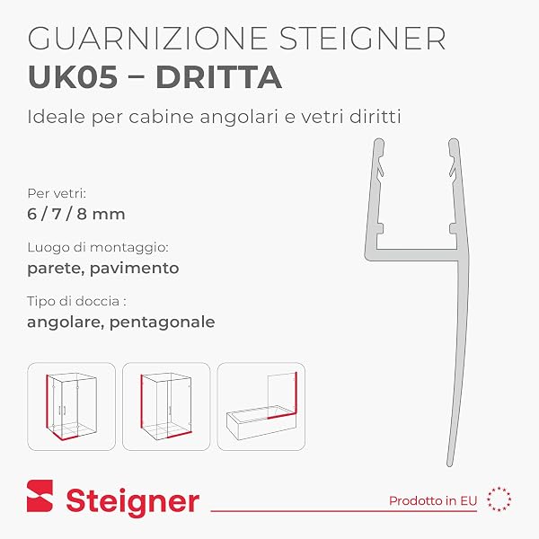 STEIGNER Shower Seal 130 cm UK05 (1 Piece) - Vertical Seal for Corner or Pentagonal Shower with Door 6-8 mm - Colour: Transparent - Perfect Adhesion, Aesthetic Finish, Waterproof - 2