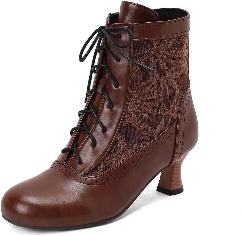 Women Victorian Ankle Boots Witch Mid Calf Lace Up Boot Cosplay Costume Pirate Vintage Granny Booties Renaissance Round Toe Kitten Heel Boots - Image 4